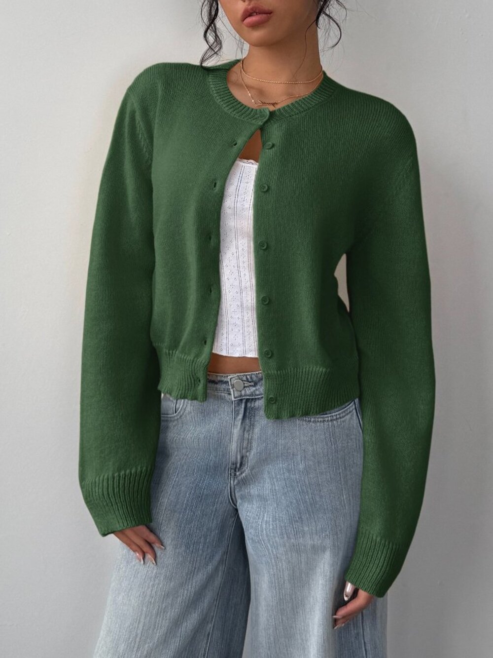 Dark Green Casual Women's Crew Neck Long Sleeve Loose Cropped Cardigan